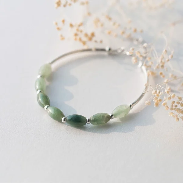 Oval Natural Stone Green Jade Pure - 925 Sterling Silver Bangle Bracelet - Image 5