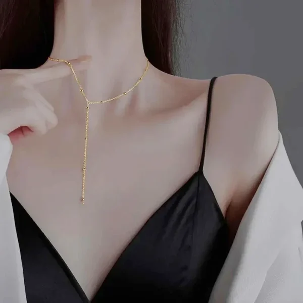 Gold Double Layered Long Tassel Chain Necklace - Image 4
