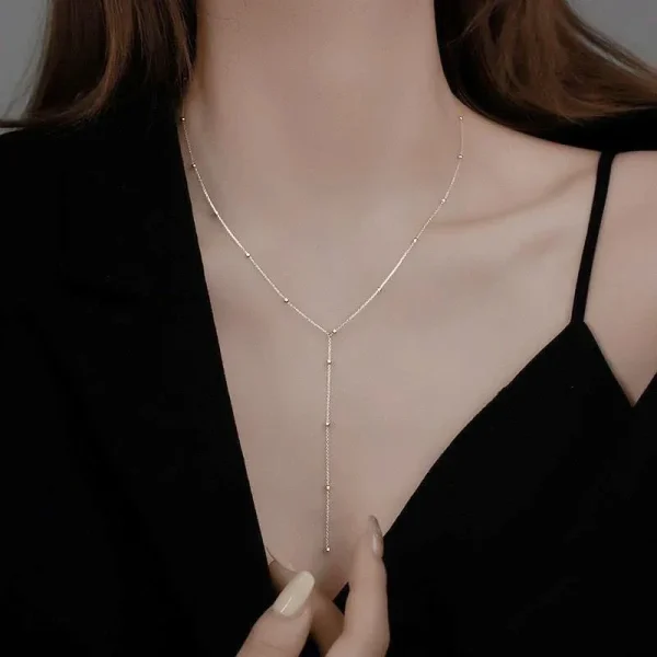Gold Double Layered Long Tassel Chain Necklace - Image 5