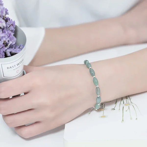 Oval Natural Stone Green Jade Pure - 925 Sterling Silver Bangle Bracelet - Image 3