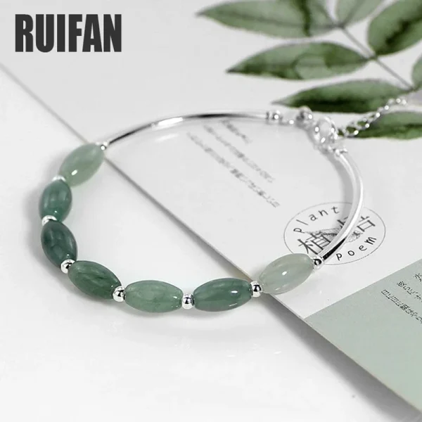 Oval Natural Stone Green Jade Pure - 925 Sterling Silver Bangle Bracelet