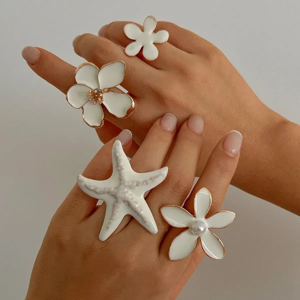 Bohemian White Flower Starfish Rings - Image 2