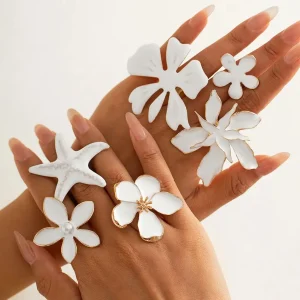Bohemian White Flower Starfish Rings