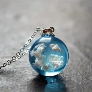 Chic Transparent Resin Ball with Blue Sky & White Cloud Pendant Necklace