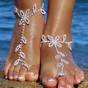 Rhinestone Leaf Finger Anklet | Silver Hand and Foot Bracelet (1pcs)