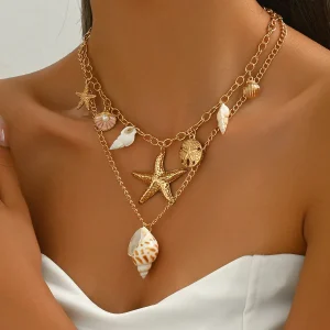 Gold Shell & Starfish Pendant Necklace