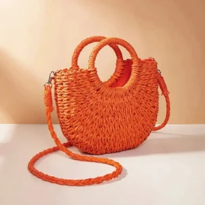 woven straw half-moon beach bag