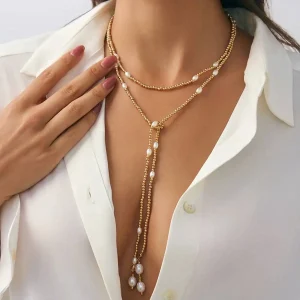 Imitation Pearl Long Tassel Y-Shaped Necklace