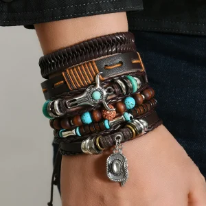 Khaki Western Country Vintage 6-Piece Handmade Leather Bracelet Sets