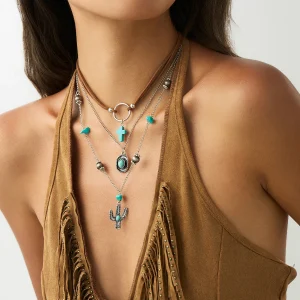 Salircon 3-Piece Vintage Blue Natural Stone Cross Pendant Necklace for Women