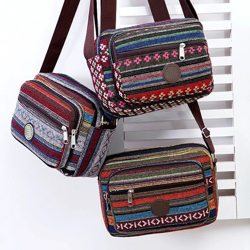 Striped Canvas Shoulder Bag – Multi-Layer Crossbody Tote for Women - Image 2