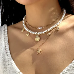 Imitation Pearl Shell Starfish Pendant Necklace