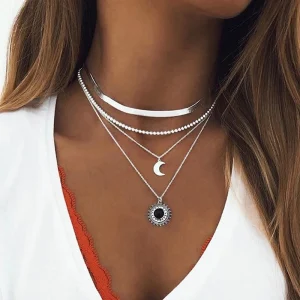 Vintage Multilayer Crystal Water Drop Moon Necklace for Women