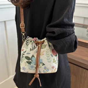 White Floral Bucket Bag (Adjustable Drawstring)