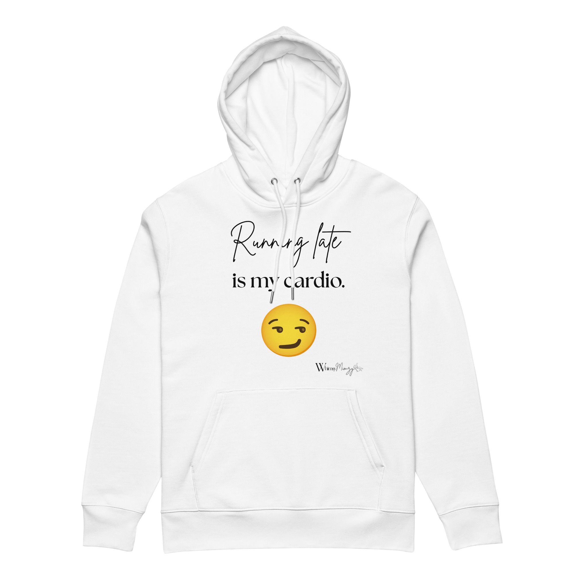 White unisex essential eco hoodie - Running late is my cardio | Whimsy Mimzy - Image 6