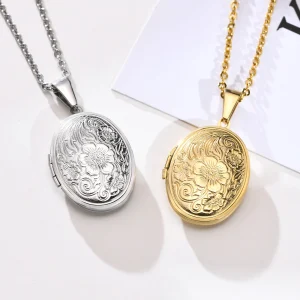 Delicate Floral Heart Locket Necklace for Women – Stainless Steel Keepsake Pendant