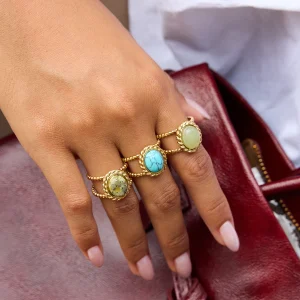 Turquoise & Pearl Gold Ring | Vintage 18K Gold Plated Oval Rings