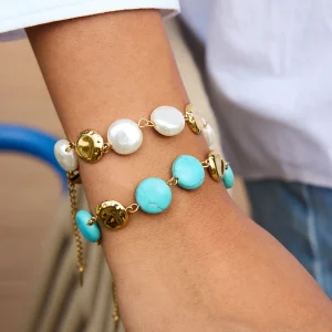 Turquoise Coin & Pearl Bracelet | 18K Gold Plated Stainless Steel Chain