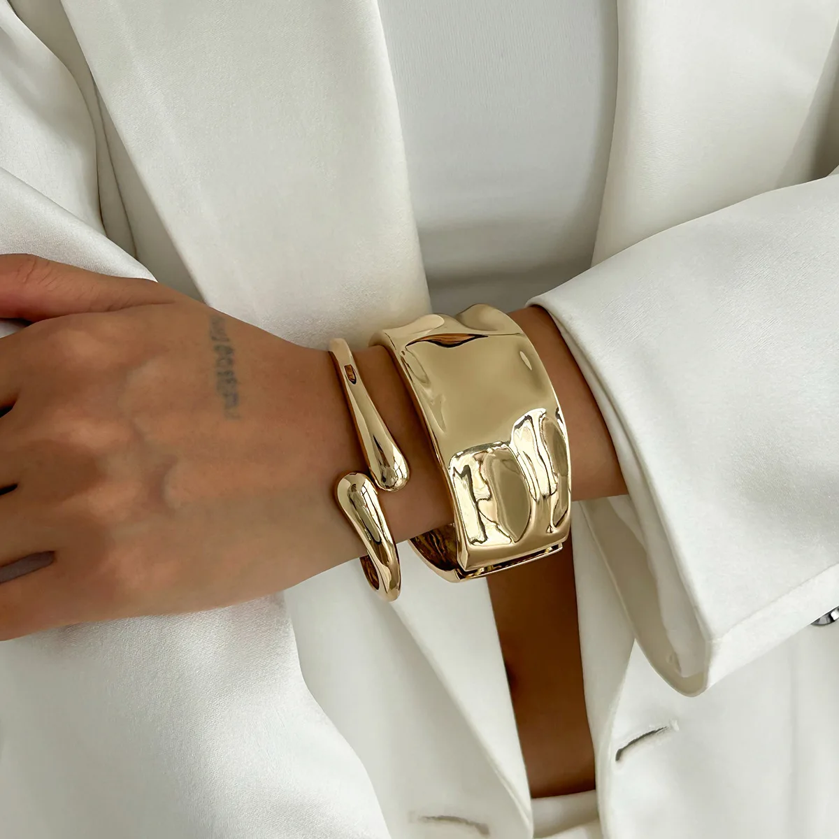 Chunky Square Cuff Bracelet | Gold & Silver Geometric Metal Bangle - Image 2