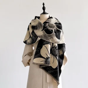 Floral Warm Tassel Scarf – Winter Imitation Cashmere Shawl for Women