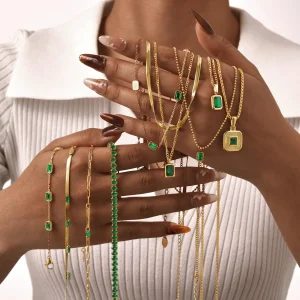 Green Zircon Pendant Necklace | Gold-Plated Stainless Steel Chains